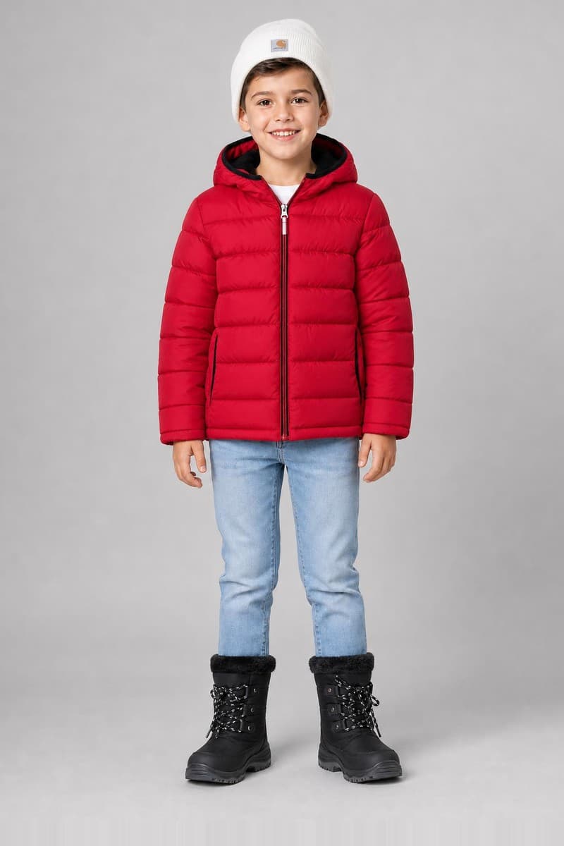After a TryOnU try-on: the same child in a red hooded puffer jacket, a white knit beanie and black snow boots