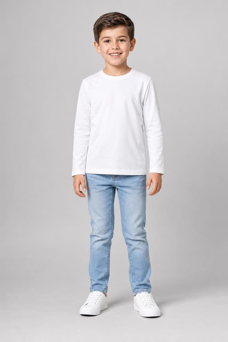 Before: a child in a white long-sleeve T-shirt, jeans and white sneakers