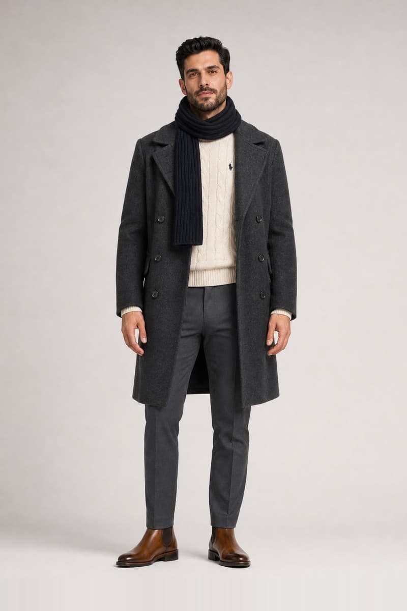 After a TryOnU try-on: the same model in a charcoal wool overcoat, a cream cable-knit sweater, a navy wool scarf and brown Chelsea boots