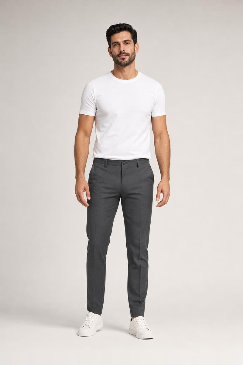 Before: a male model in a white T-shirt, grey trousers and white sneakers
