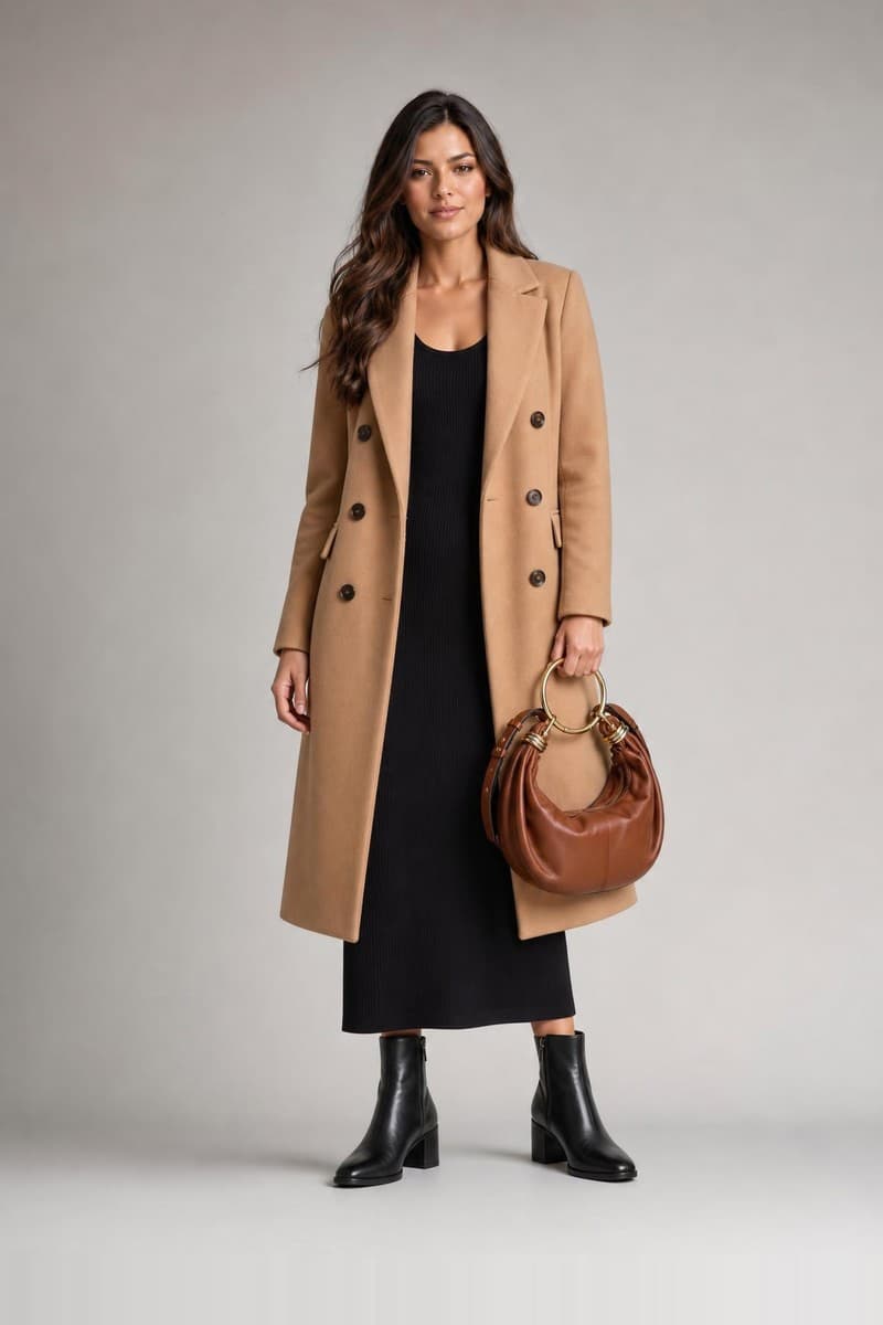 After a TryOnU try-on: the same model in a camel double-breasted coat, a black midi dress, black ankle boots and a leather bag