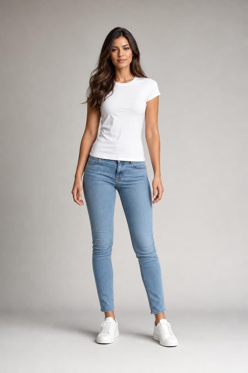 Before: a model in a white T-shirt, light-blue jeans and white sneakers